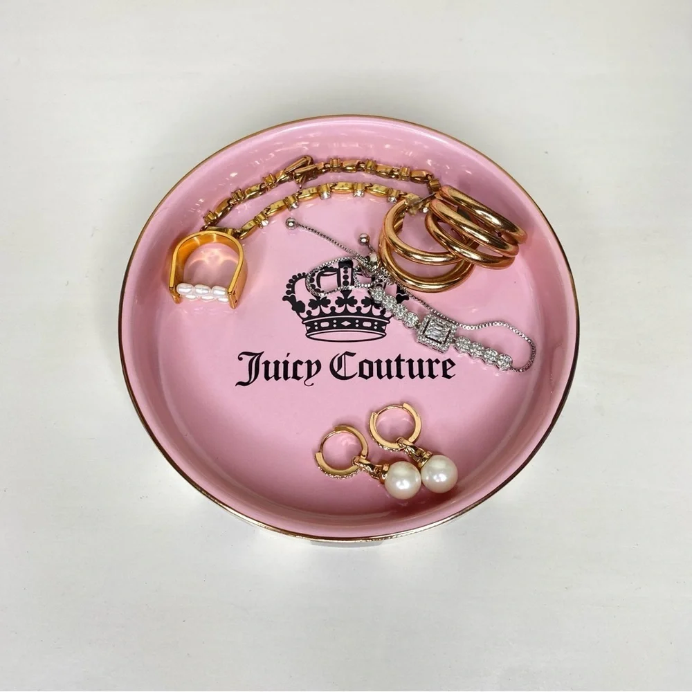 Juicy Couture Pink Jewelry Trinket Dish Tray with Black and White Stripes New